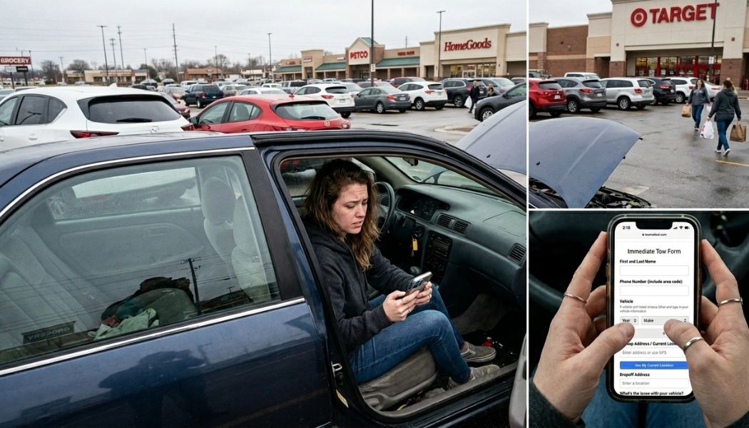 Woman requesting tow service on smartphone from parking lot - instant tow booking without phone call
