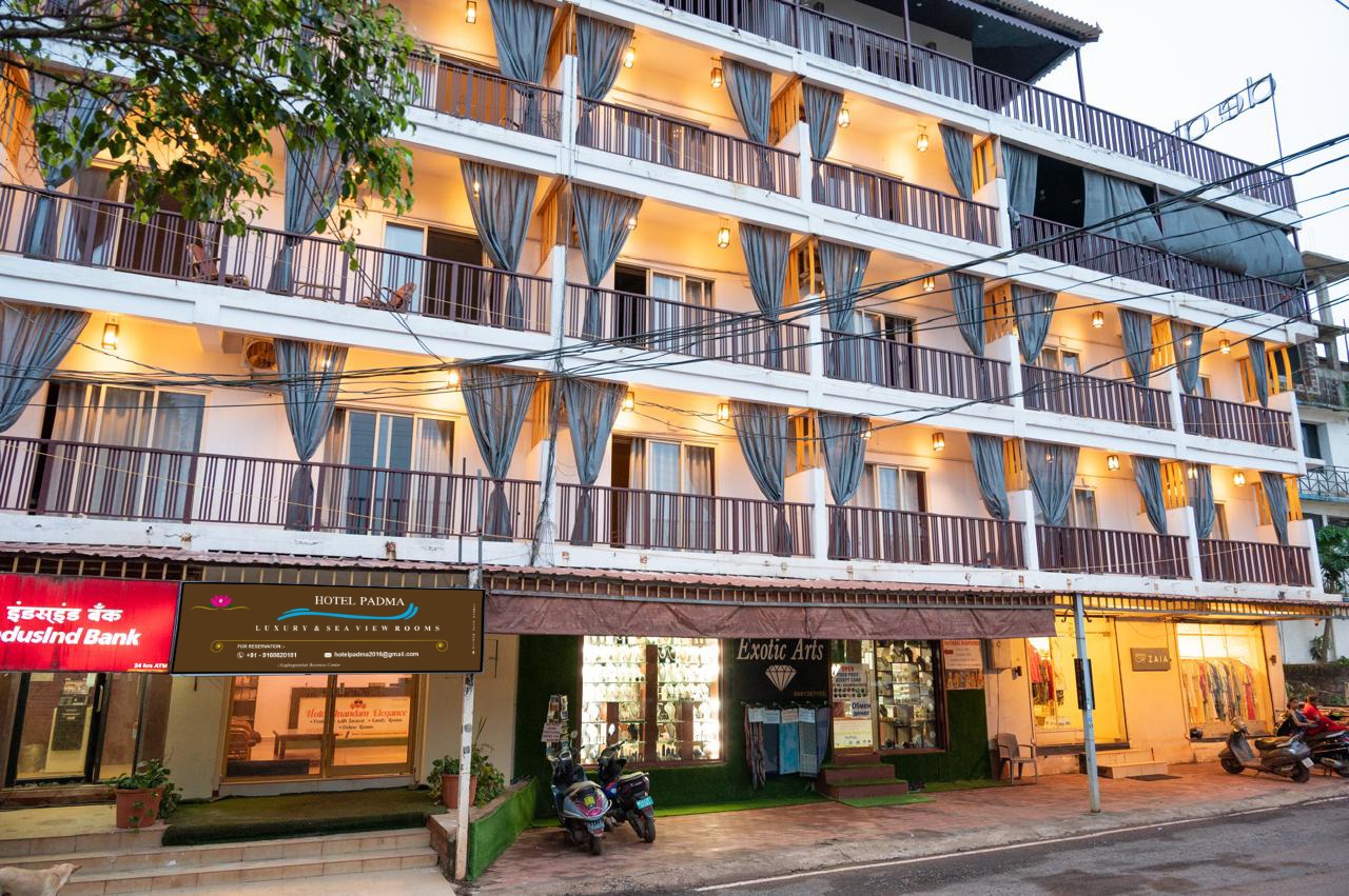 Hotel facade at twilight