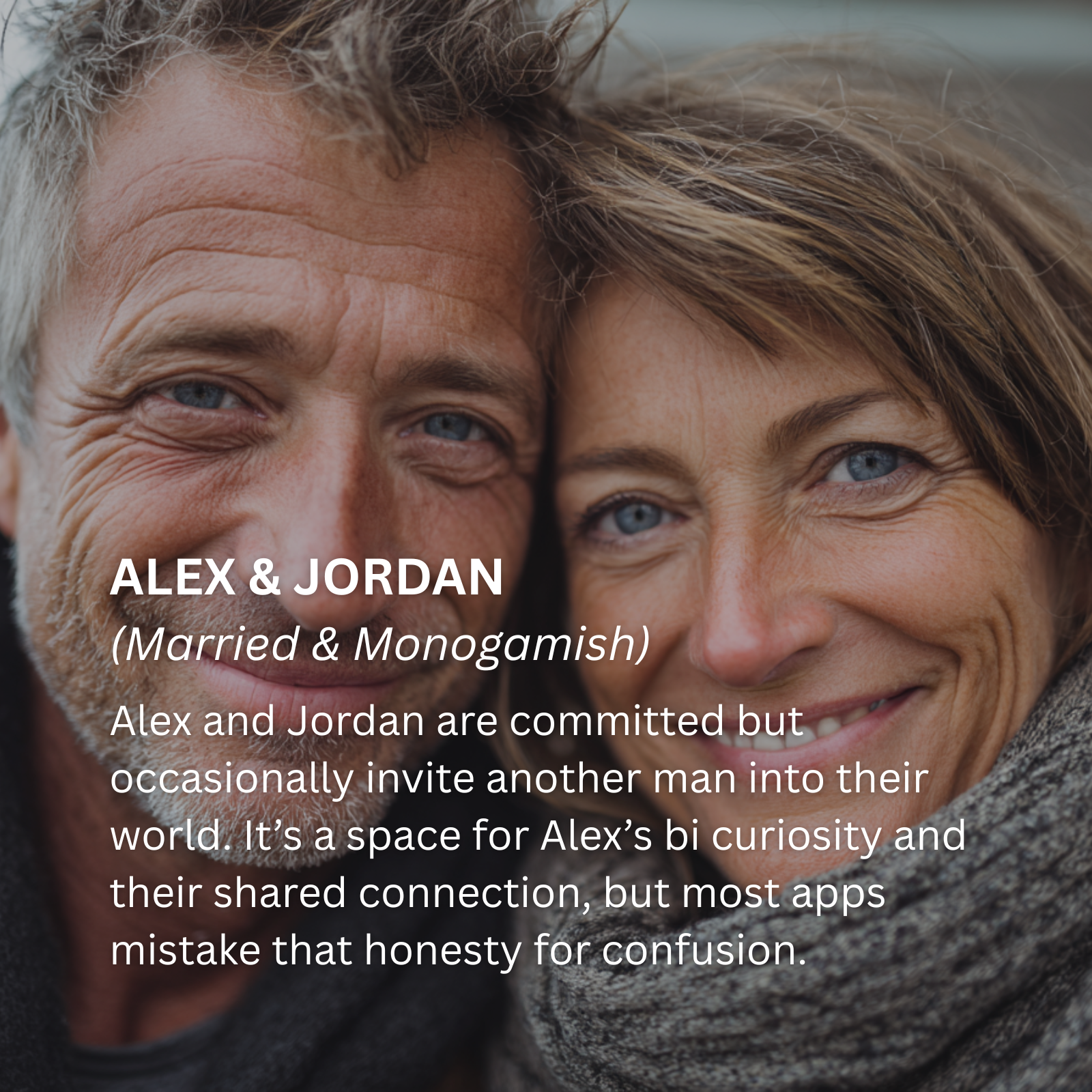 Alex & Jordan (Married & Monogamish). Committed but occasionally invite another man into their world — a space for Alex's bi curiosity and their shared connection.