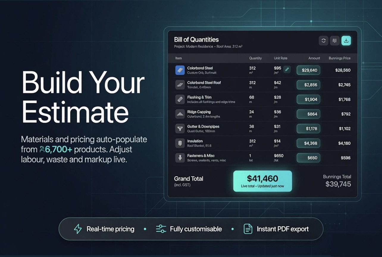 TARC Build Your Estimate — Bill of Quantities with live Bunnings pricing