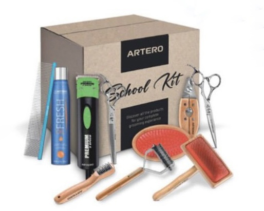 Artero School Kit - Professional grooming tools including clippers, brushes, scissors and spray