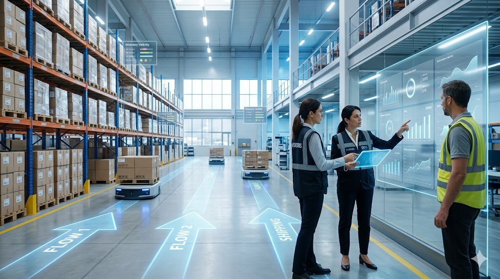 Modern warehouse with team reviewing analytics, AMR robots and flow arrows on the floor