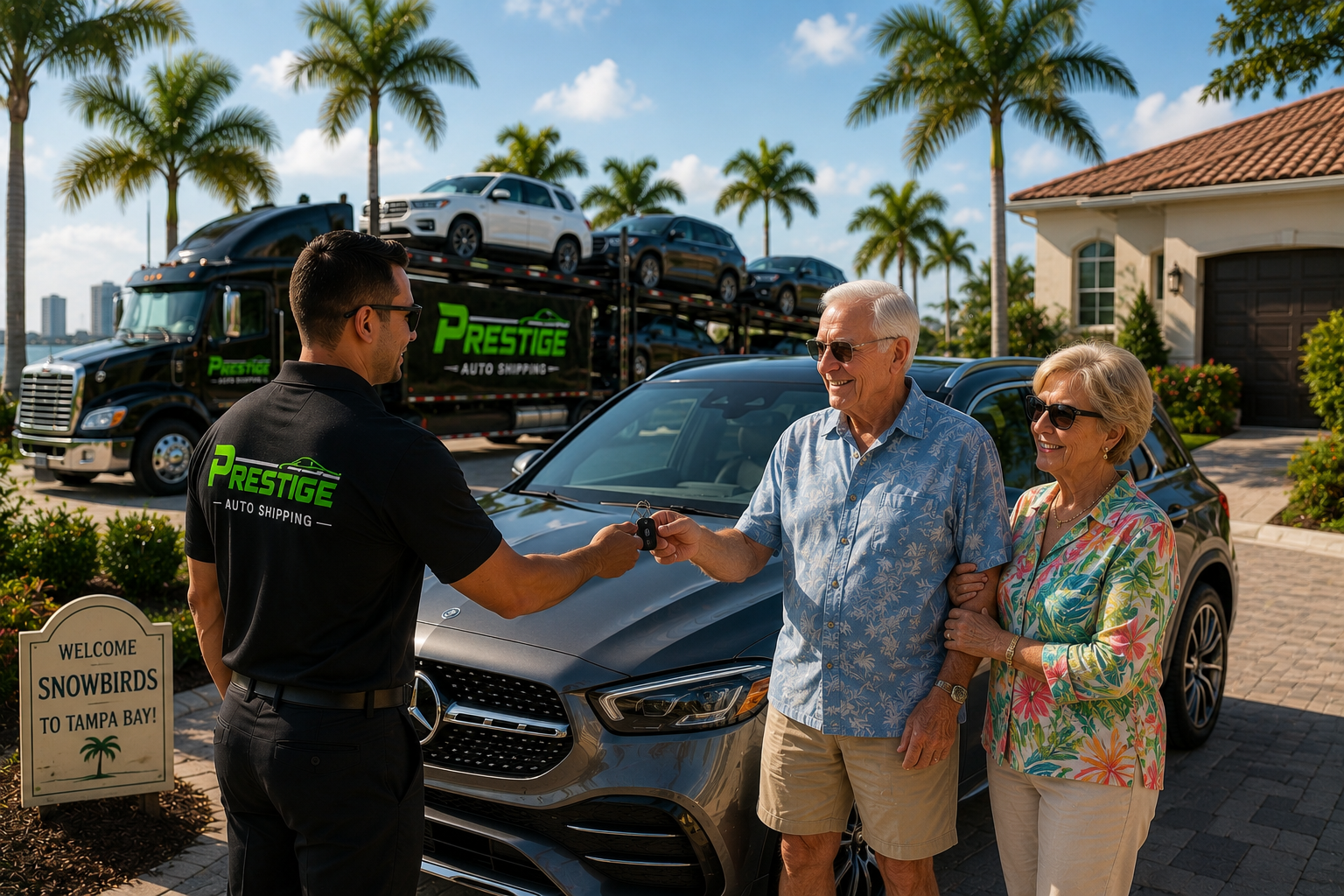 Prestige Auto Shipping — door-to-door auto transport throughout Florida. Prestige Auto Shipping agent handing keys to a snowbird couple at their Florida home with a 'Welcome Snowbirds to Tampa Bay' sign and a Prestige multi-car hauler in the background.