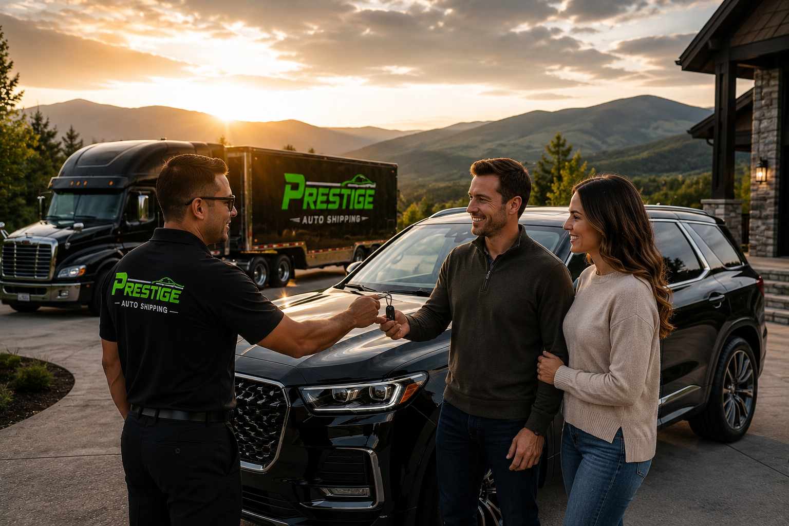 Prestige Auto Shipping — door-to-door auto transport throughout New Mexico. Prestige Auto Shipping team member handing keys to a family next to their black SUV at a mountain home at sunset, with a Prestige enclosed hauler in the background.