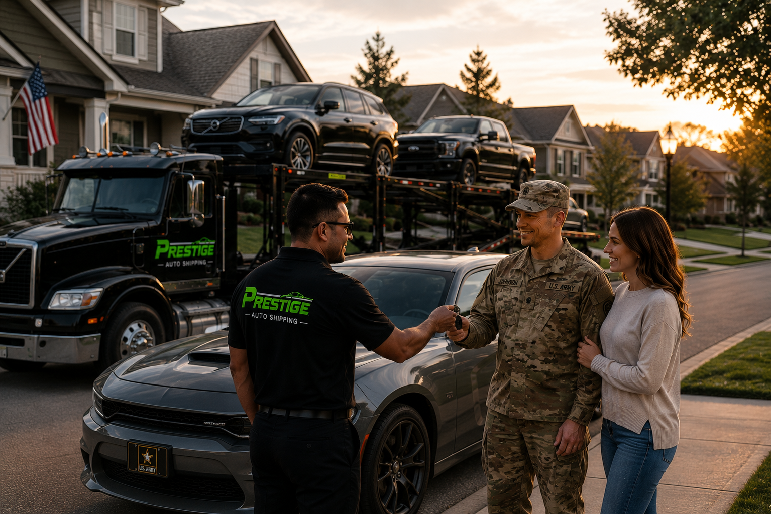Prestige Auto Shipping agent handing keys to a U.S. Army soldier (Johnson) and his wife at their suburban home at sunset — supporting active-duty military PCS auto transport relocations.