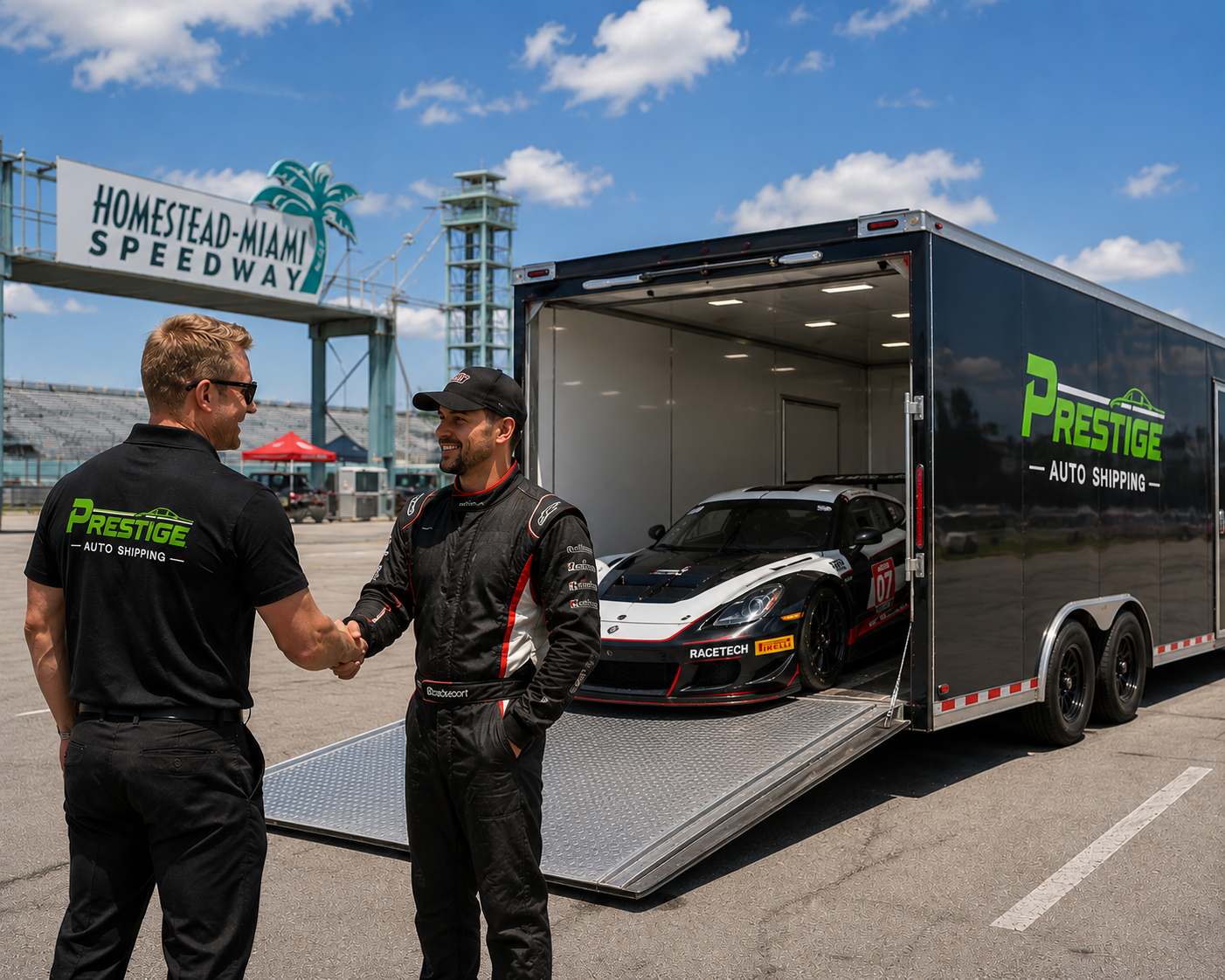 Prestige Auto Shipping — door-to-door auto transport throughout California. Prestige Auto Shipping enclosed trailer delivering a #07 Ginetta GT race car at Homestead-Miami Speedway, agent shaking hands with the race driver.