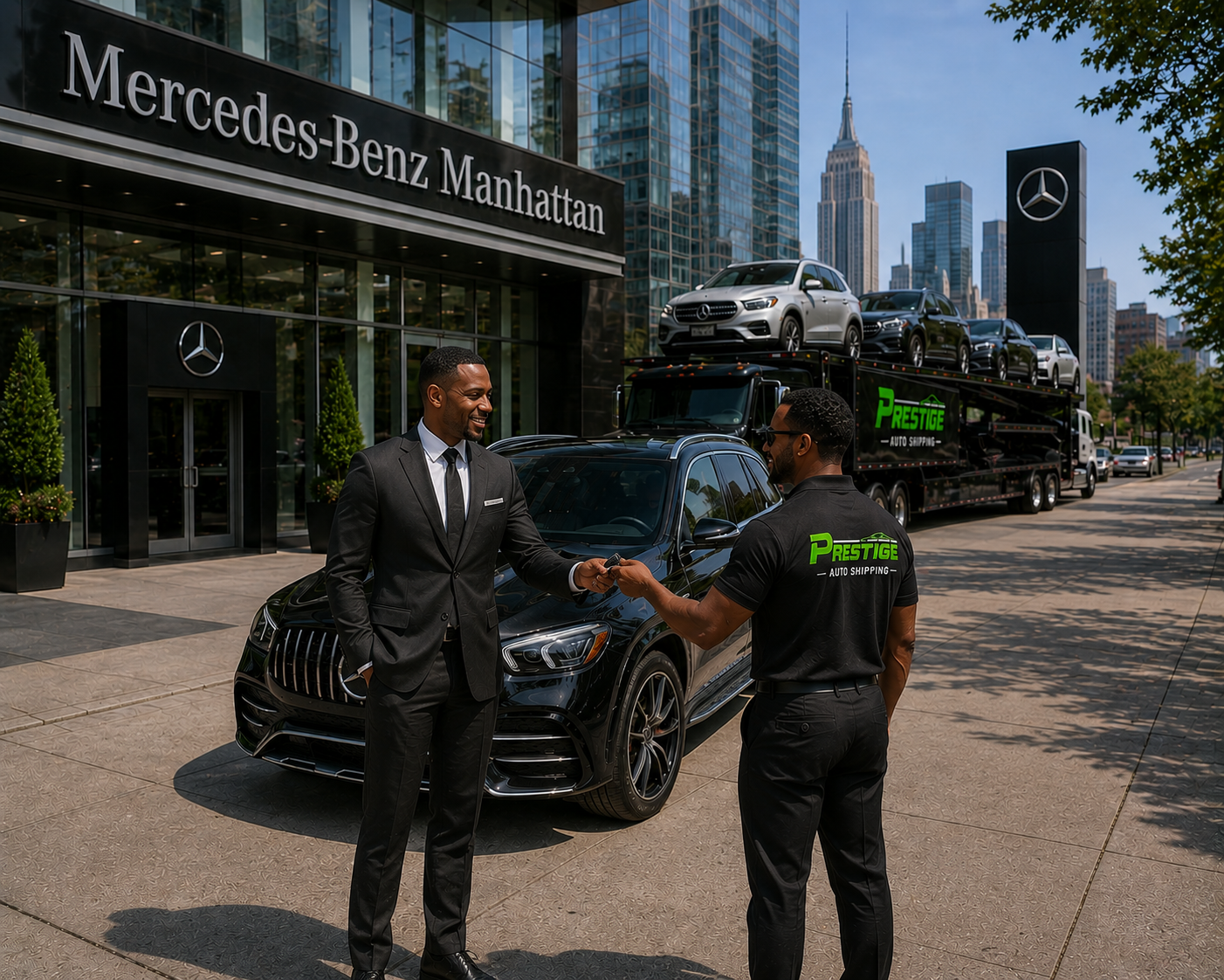 Prestige Auto Shipping — door-to-door auto transport throughout New Hampshire. Prestige Auto Shipping agent handing keys to a luxury car buyer in a business suit at Mercedes-Benz Manhattan dealership with a Prestige multi-car hauler loaded with Mercedes-Benz vehicles in the background.