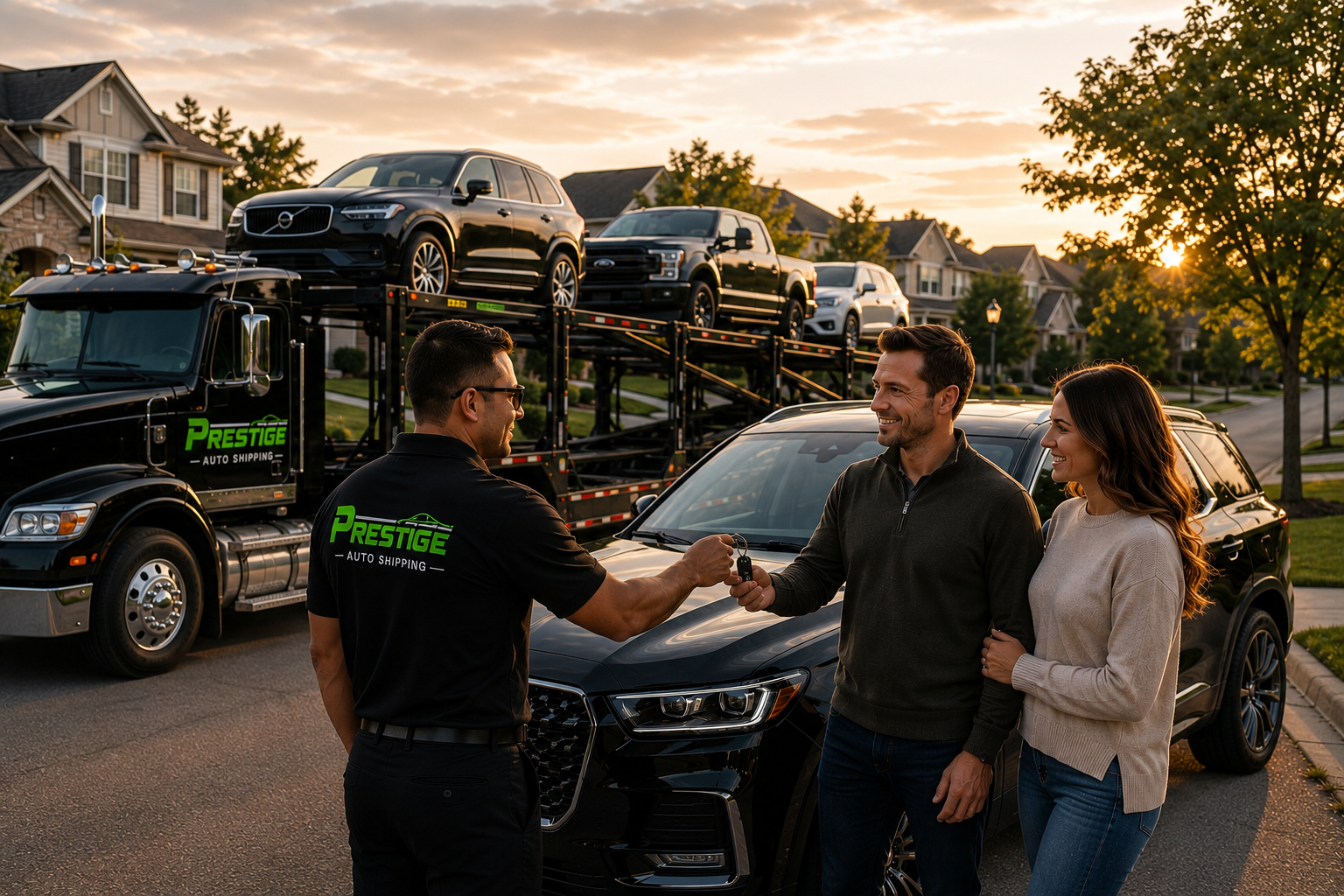 Prestige Auto Shipping — door-to-door auto transport throughout Arkansas. Prestige Auto Shipping team member handing keys to a couple in front of their black luxury SUV in a leafy suburban neighborhood at golden hour, with a Prestige carrier loaded with consumer vehicles behind them.