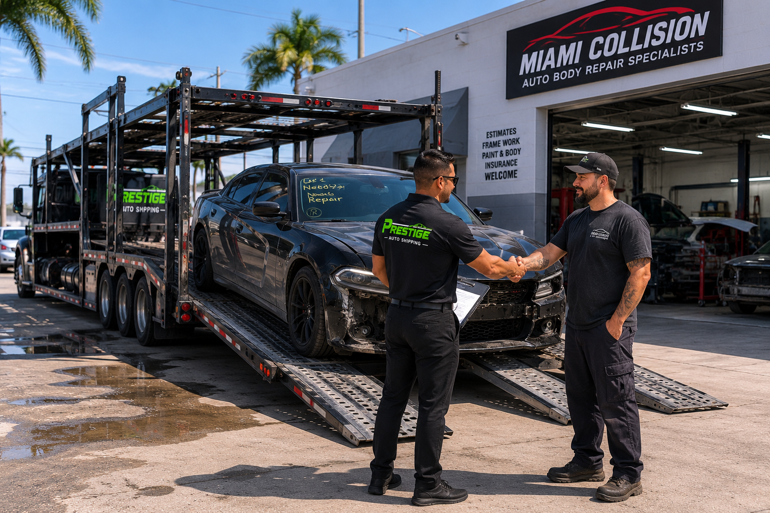 Prestige Auto Shipping hauler delivering a non-running collision-damaged Dodge Charger to Miami Collision Auto Body Repair Specialists for insurance repair.