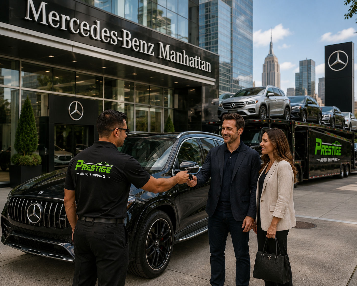 Prestige Auto Shipping — door-to-door auto transport throughout Delaware. Prestige Auto Shipping multi-car hauler loaded with new Mercedes-Benz SUVs in front of the Mercedes-Benz Manhattan dealership with the New York City skyline behind it.