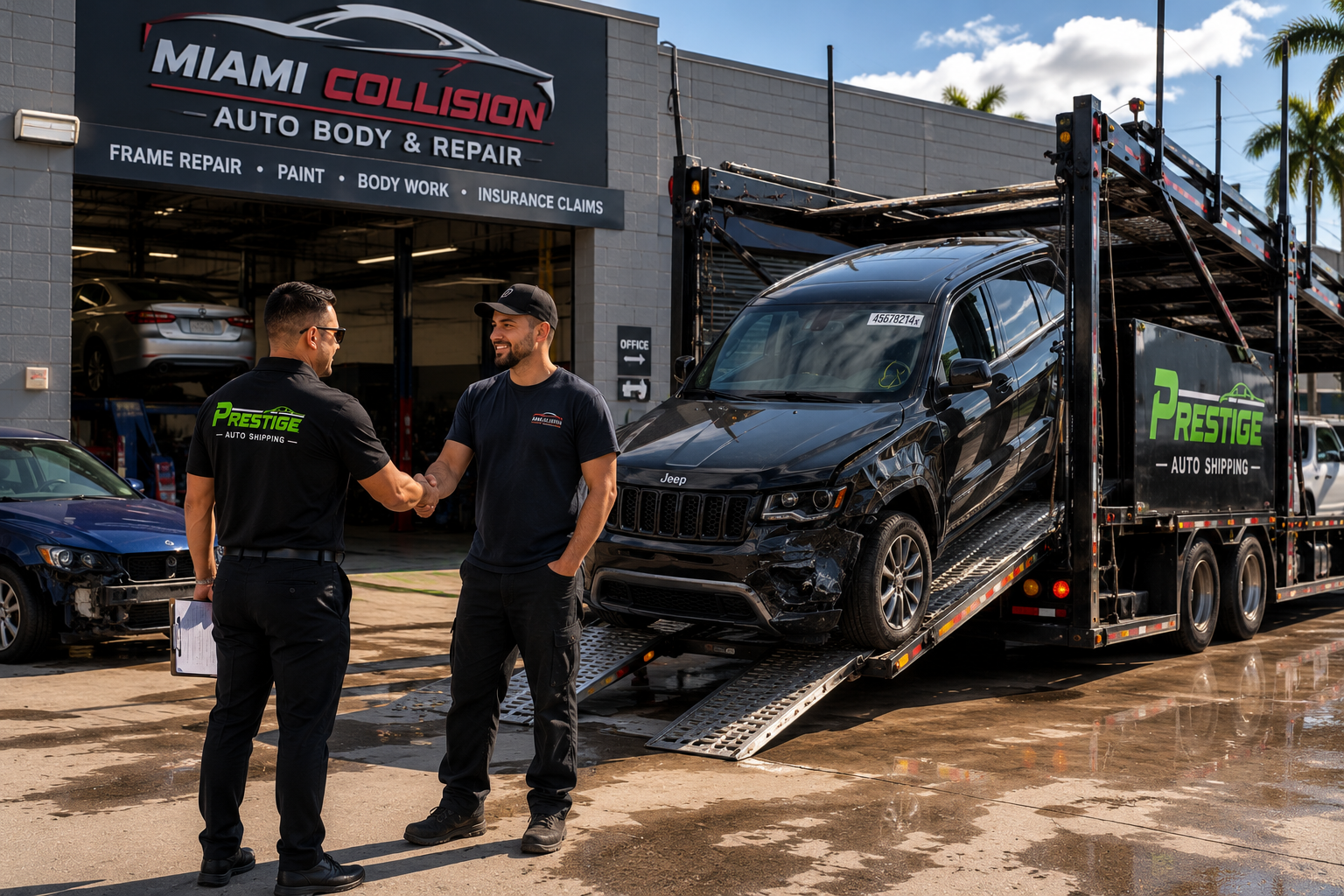 Prestige Auto Shipping — door-to-door auto transport throughout Alabama. Prestige Auto Shipping flatbed unloading a damaged Jeep Grand Cherokee at Miami Collision Auto Body & Repair — frame repair, paint, body work and insurance claims.