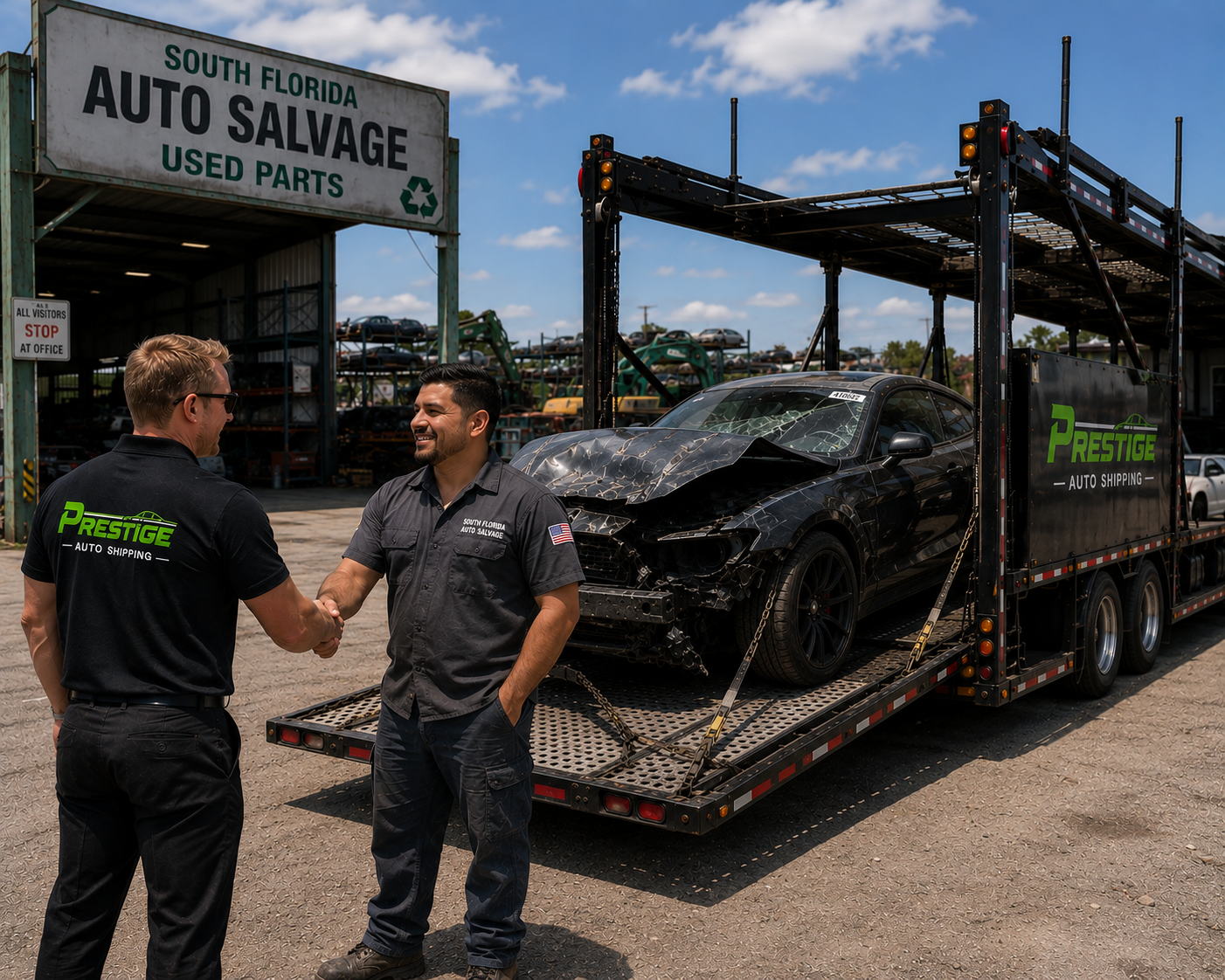 Prestige Auto Shipping hauler delivering a totaled Ford Mustang to South Florida Auto Salvage — common route for insurance, Copart, and IAA auction transport.