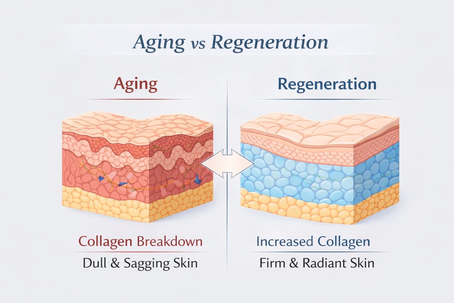 Ageing vs regeneration comparison showing collagen breakdown leading to dull sagging skin versus increased collagen production leading to firm radiant skin, illustrating why regenerative treatments work