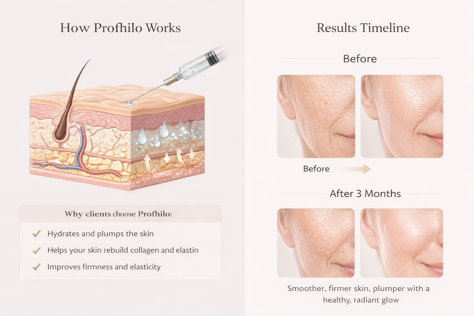 How Profhilo rejuvenates your skin diagram showing the bio-remodelling process beneath the skin surface, hydration and collagen stimulation at multiple tissue layers