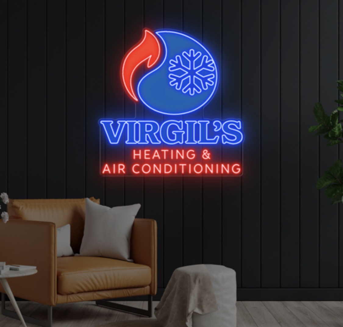 Virgil's Heating and Air neon sign on display