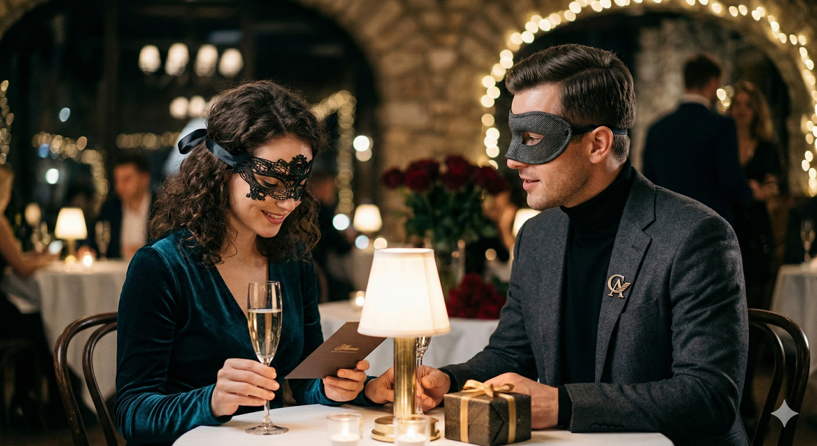 Couple at elegant evening event - The Blind Date astro-style matchmaking feature