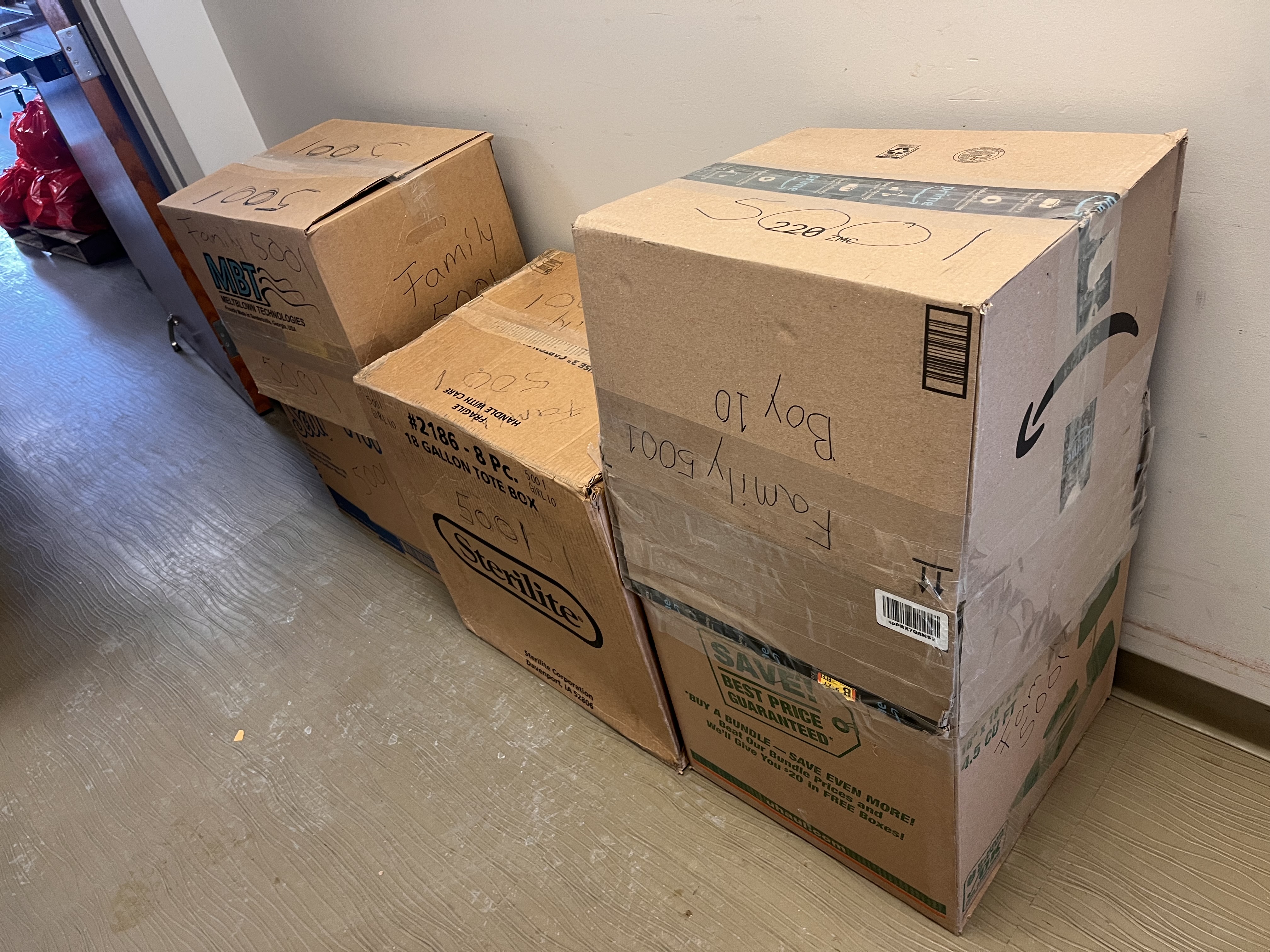 Donation boxes organized by family