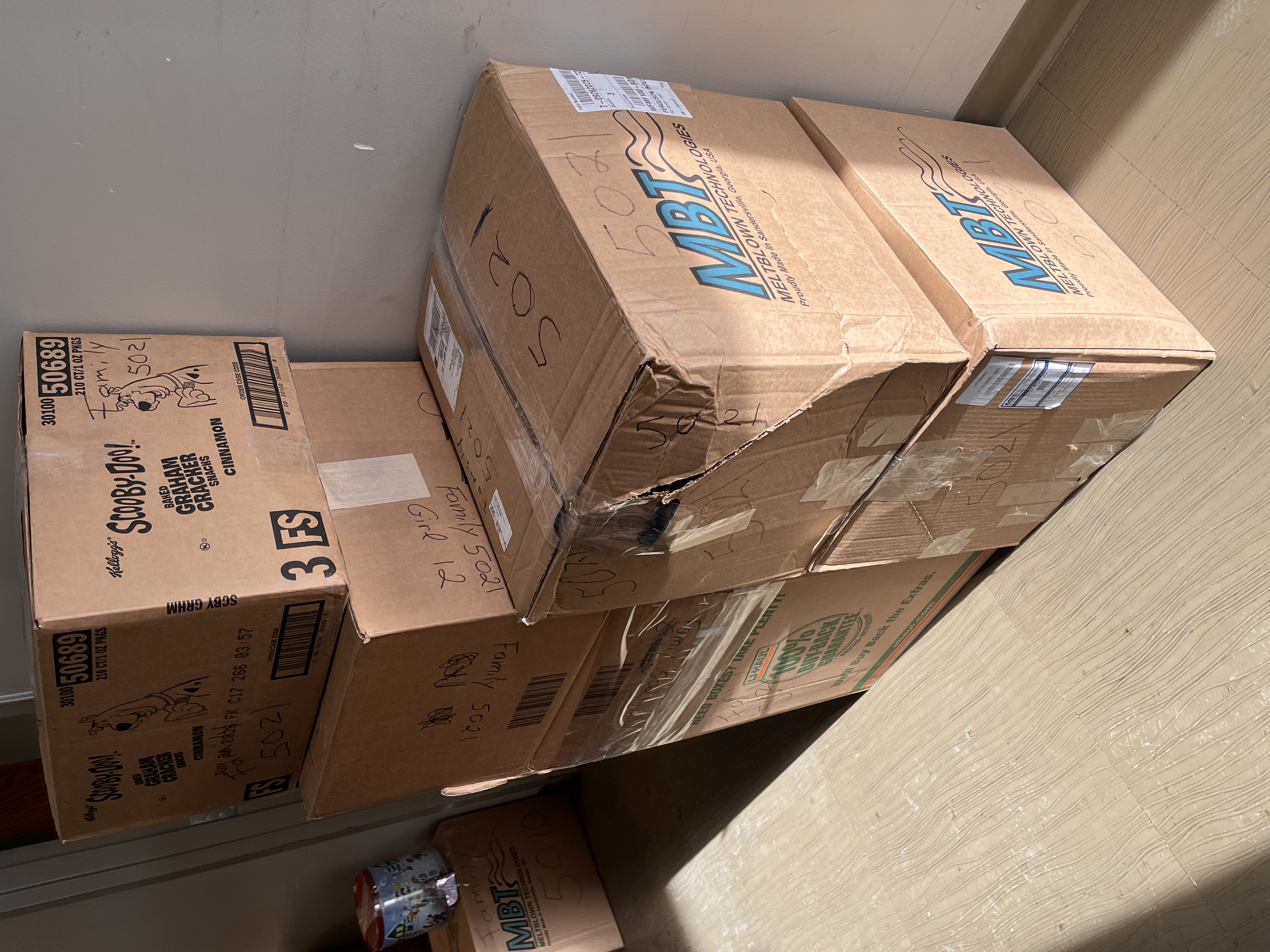 Boxes of gifts and supplies