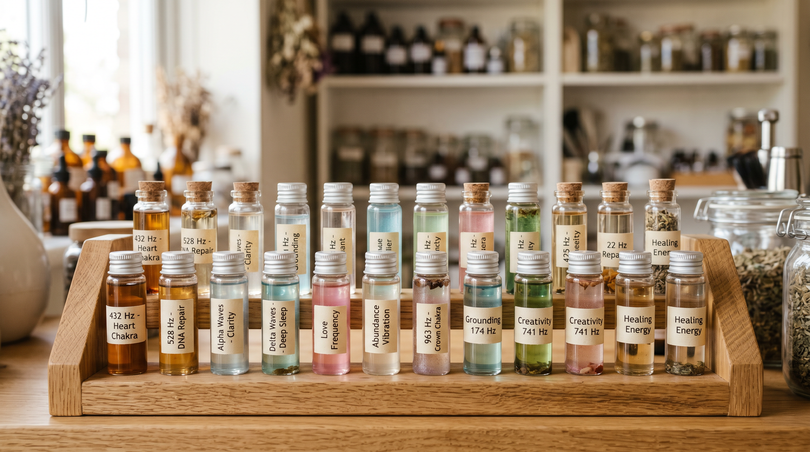 Frequency tinctures and herbal blends on a wooden rack inside The Root Forum