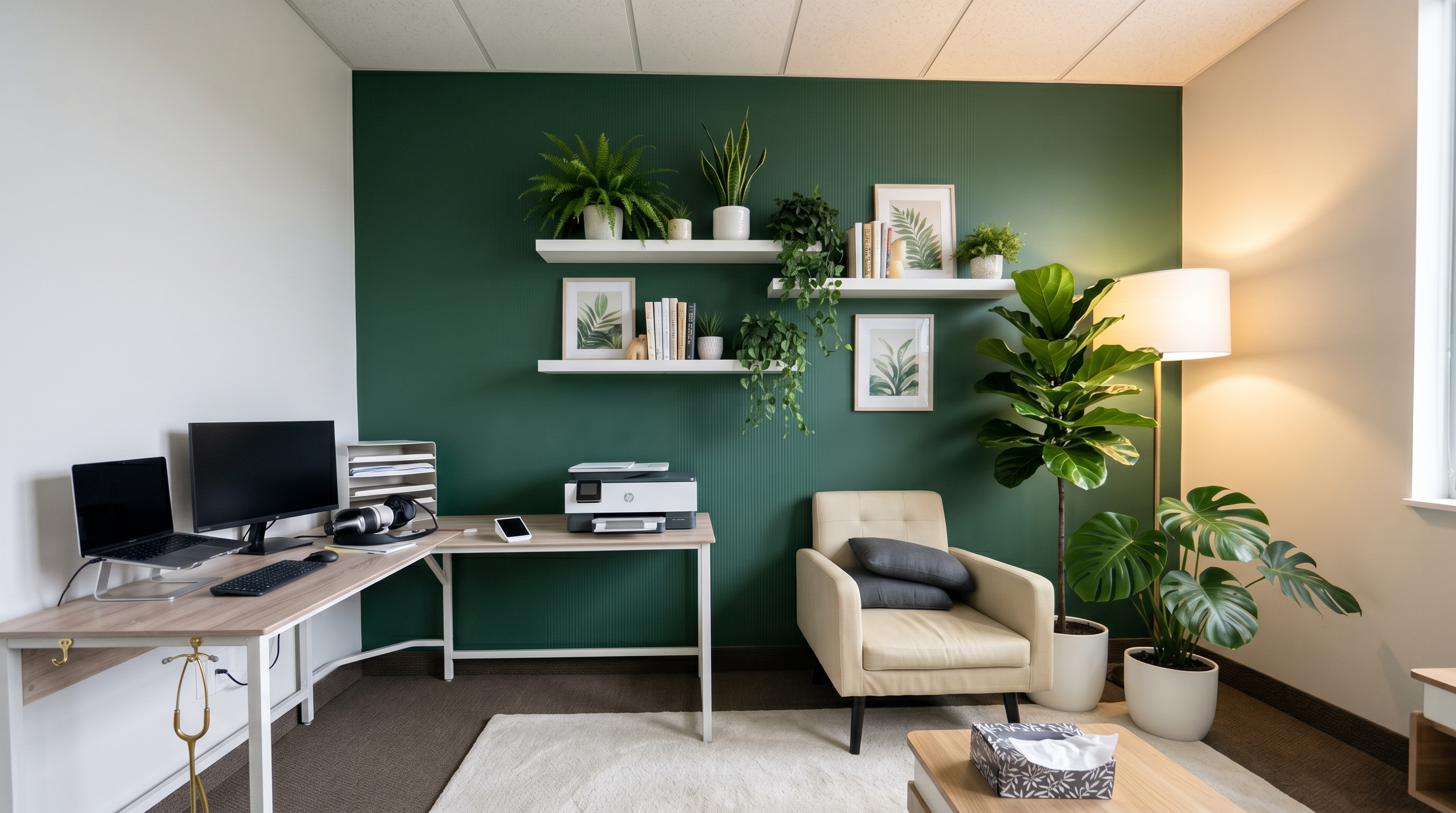 The Apple Valley room at The Root Forum — desk, reading chair, and a wall of plants