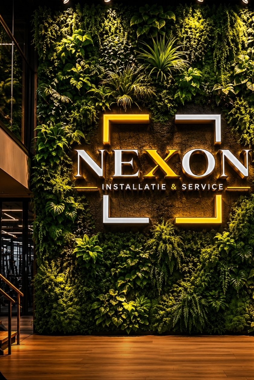 NEXON Installatie & Service logo op een groene plantenwand