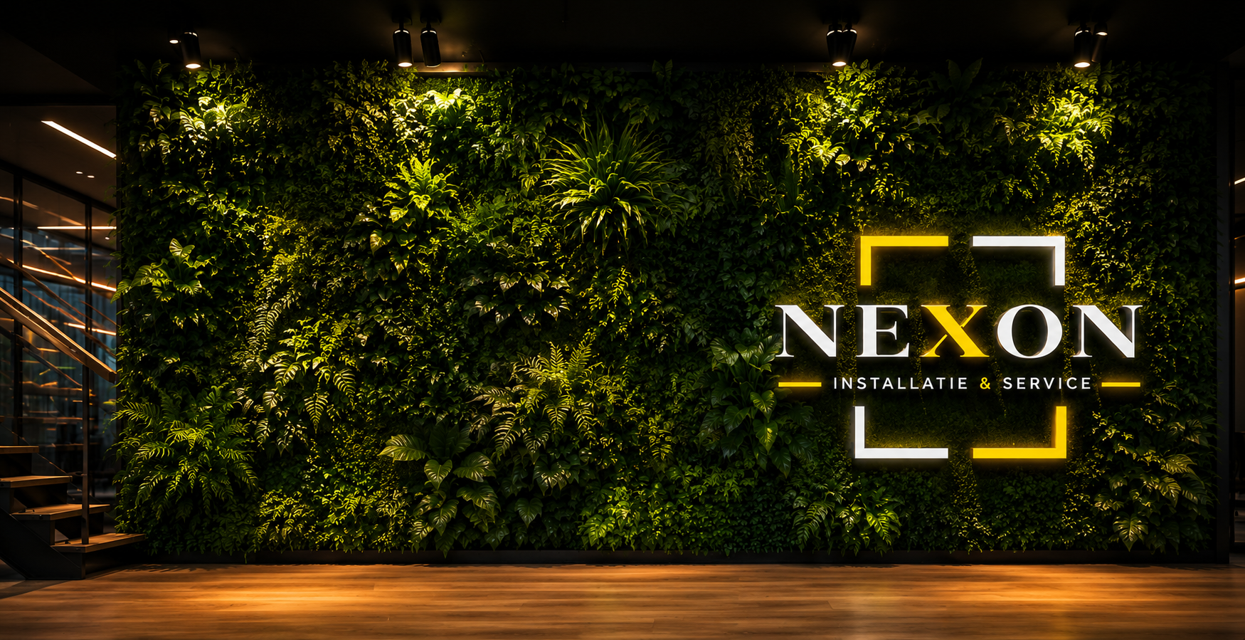 NEXON Installatie & Service logo op een groene plantenwand