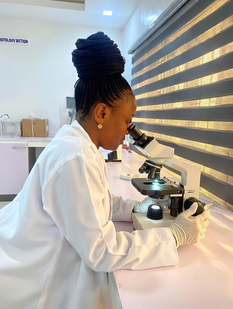Lab scientist using microscope at Factual Medical Diagnostic Centre