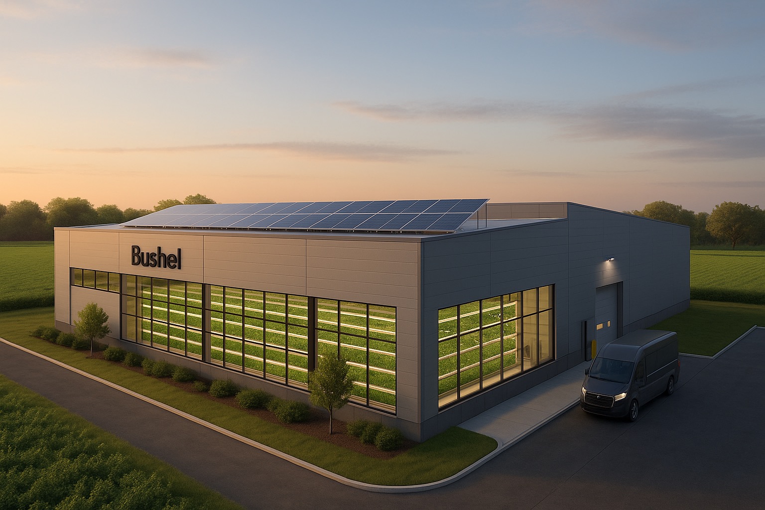 BUSHEL vertical farming facility at dusk in Ontario