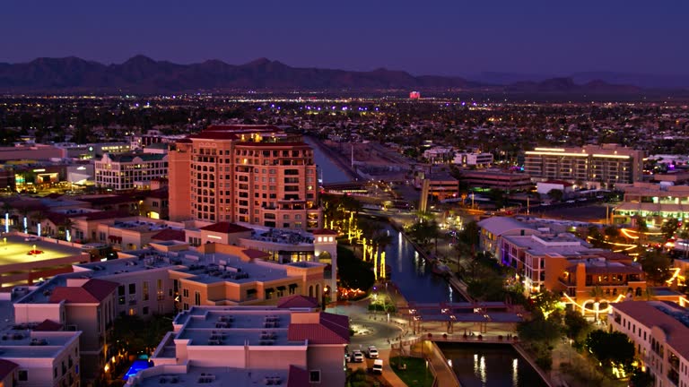 Downtown cityscape twilight aerial