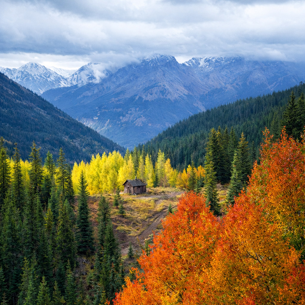 Mountain cabin autumn foliage aerial