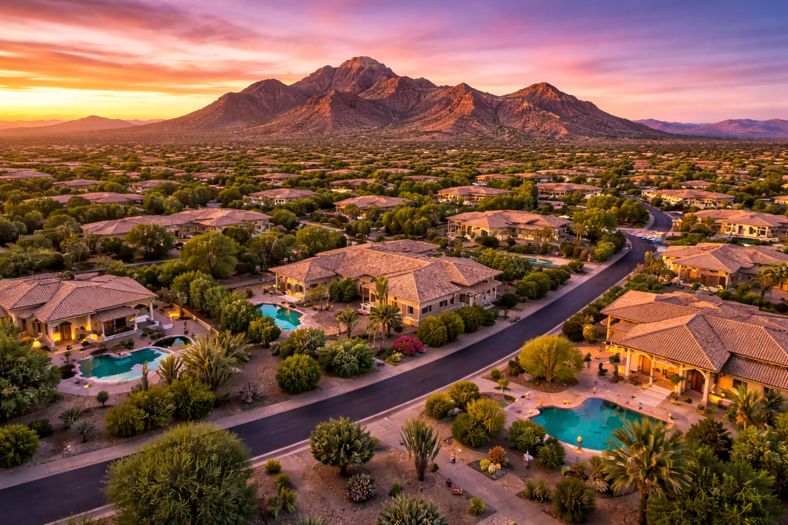 Luxury neighborhood sunset aerial