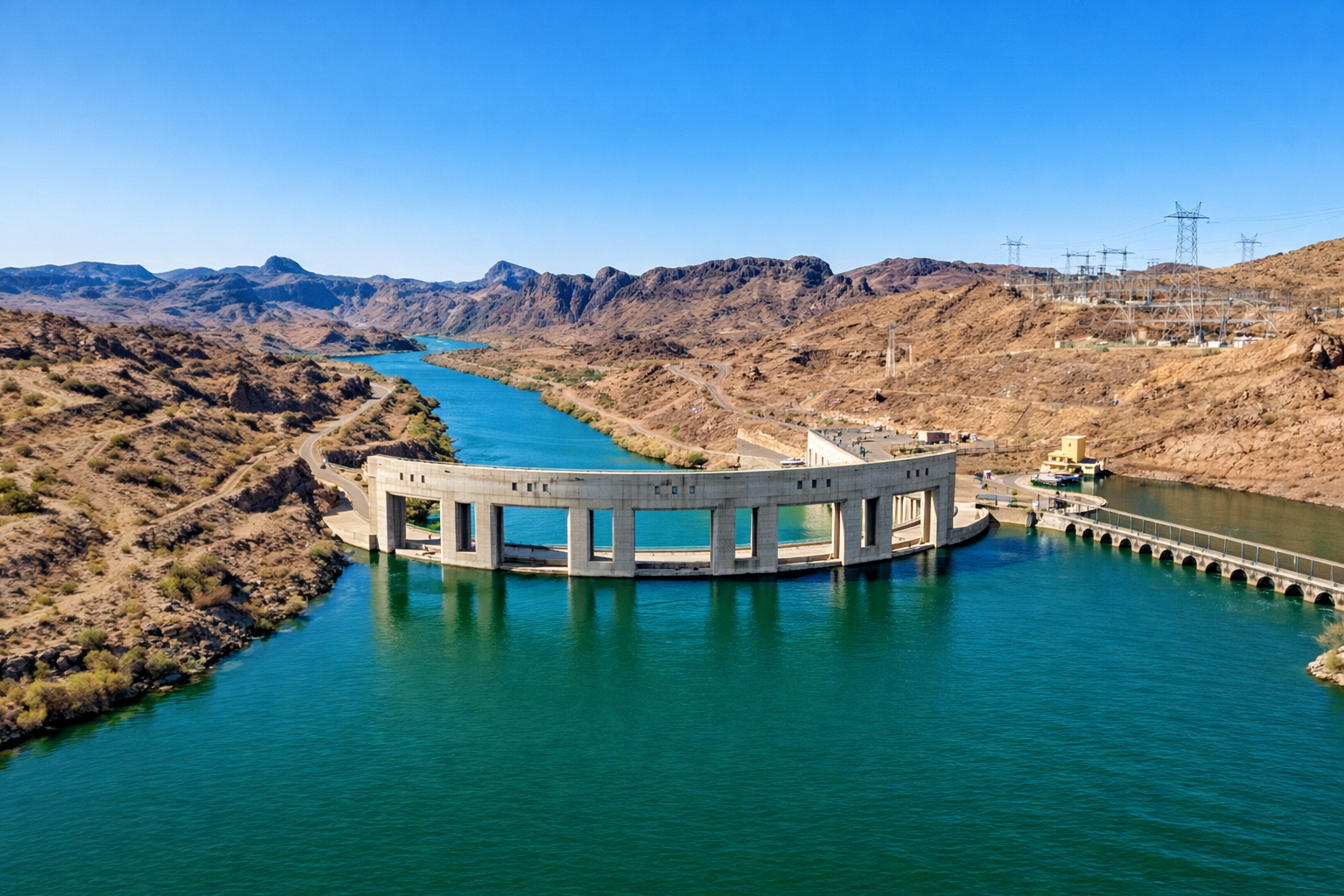 Aerial dam and reservoir desert landscape