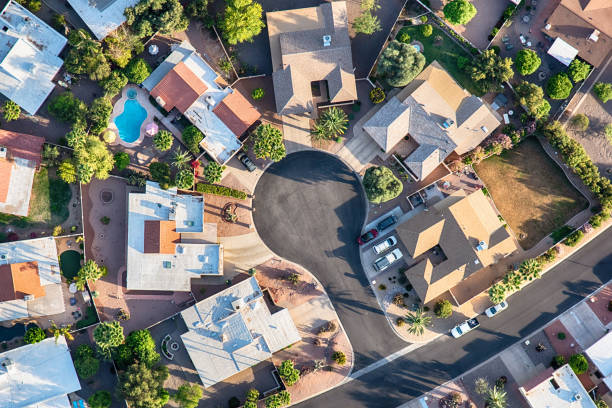 Top-down neighborhood cul-de-sac aerial