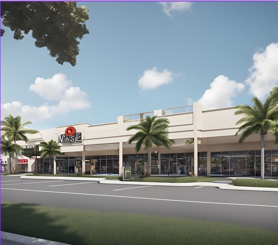 Palm Bay-style retail plaza with palm trees, glass storefronts, and commercial parking — representing NC, CC, HC, and GC commercial zoning