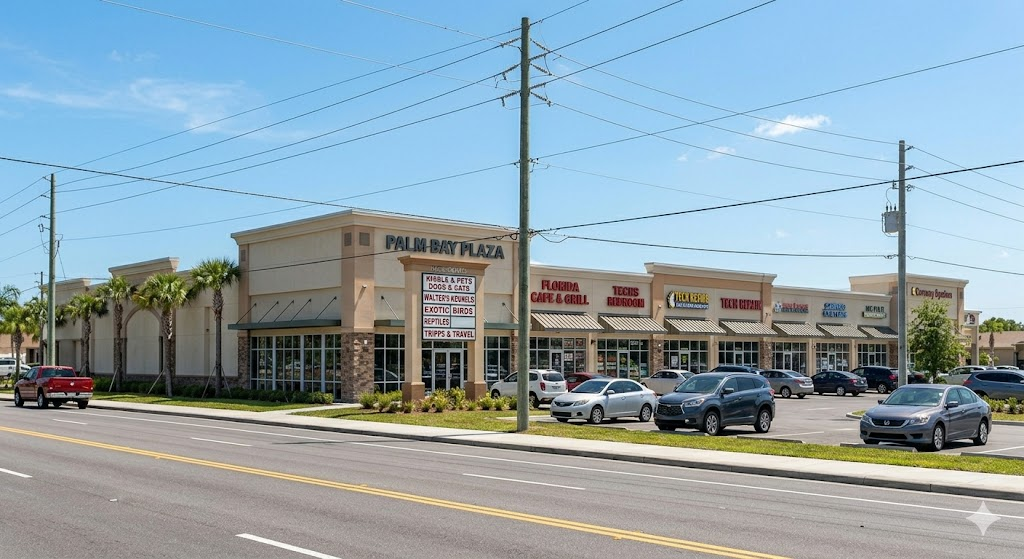 Aerial view of a Palm Bay commercial corridor showing retail, office, and mixed-use development