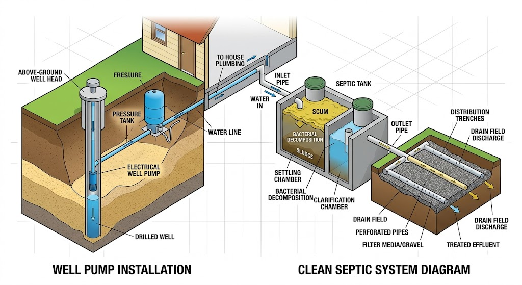 Well pump installation and septic system diagram — a properly maintained septic system can last 25-40 years