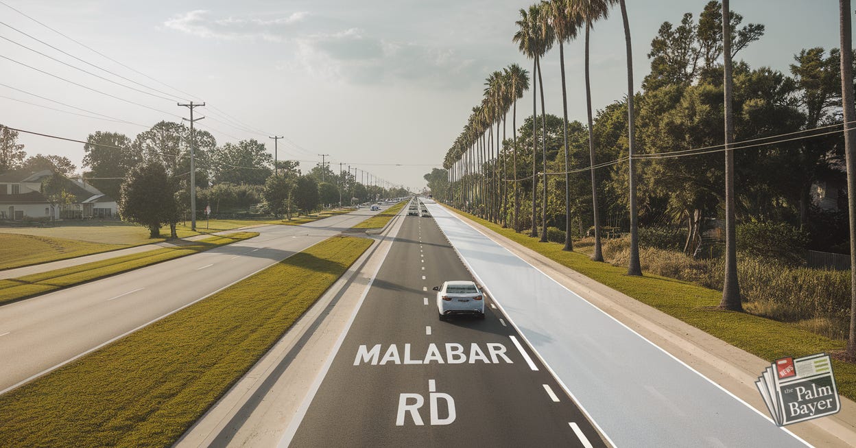 Rendering of the future widened Malabar Road in Palm Bay, Florida — four-lane configuration with palm-lined median and improved access