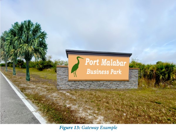 Rendering of a proposed Port Malabar Business Park gateway sign at the entrance of The Compound in Palm Bay, Florida — featuring a heron logo and stacked stone monument