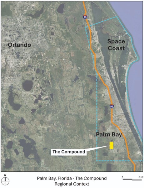 Regional context map of Palm Bay, Florida showing The Compound location between Orlando and the Space Coast, with Interstate 95 corridor and Atlantic coastline