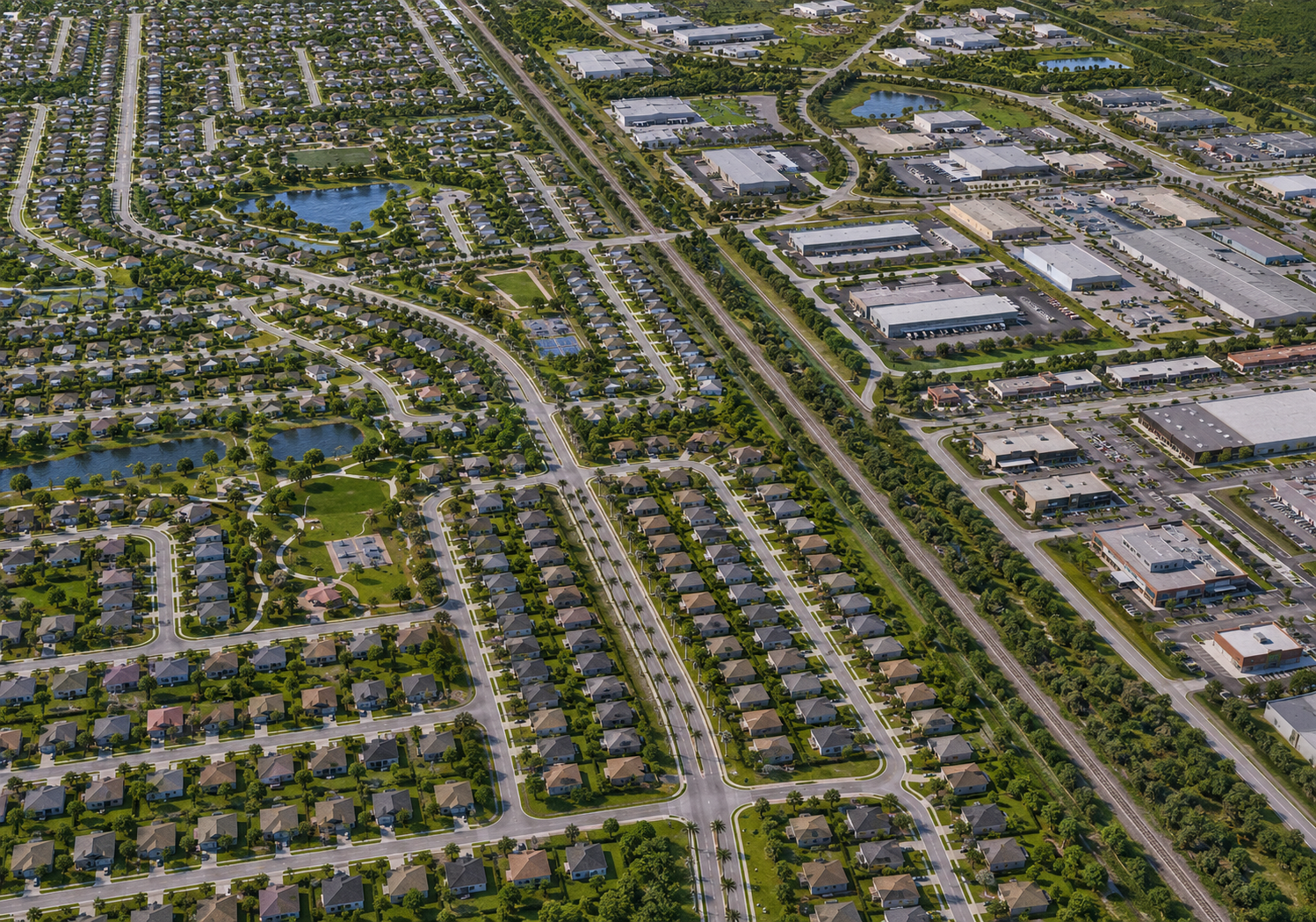 Aerial view of fully built-out residential neighborhoods on the west and commercial / industrial / retail park on the east, separated by a major road and rail corridor — the kind of mixed-use buildout the Compound is positioned for