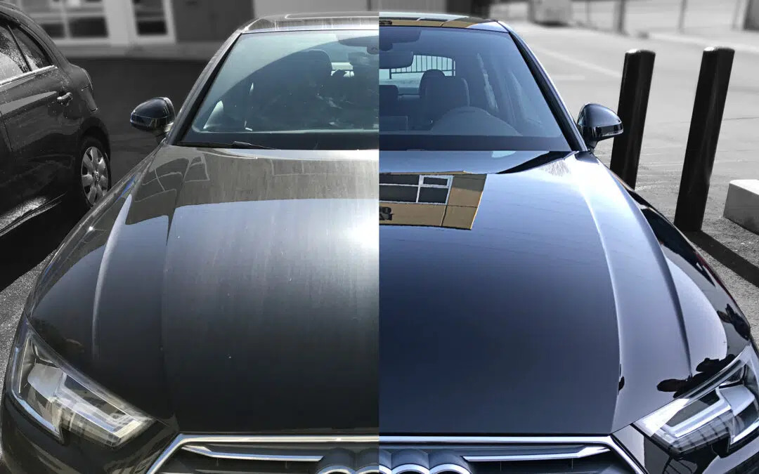 Side-by-side comparison: dull factory paint vs. ceramic coated luxury car hood