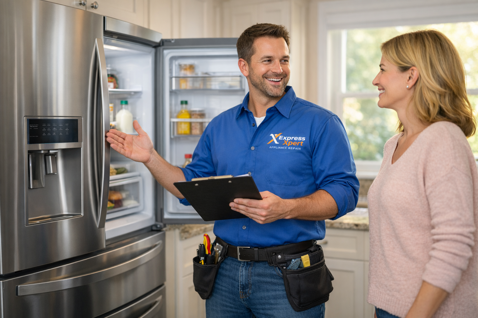 Express Xpert technician consulting with Boynton Beach homeowner during same-day refrigerator repair service