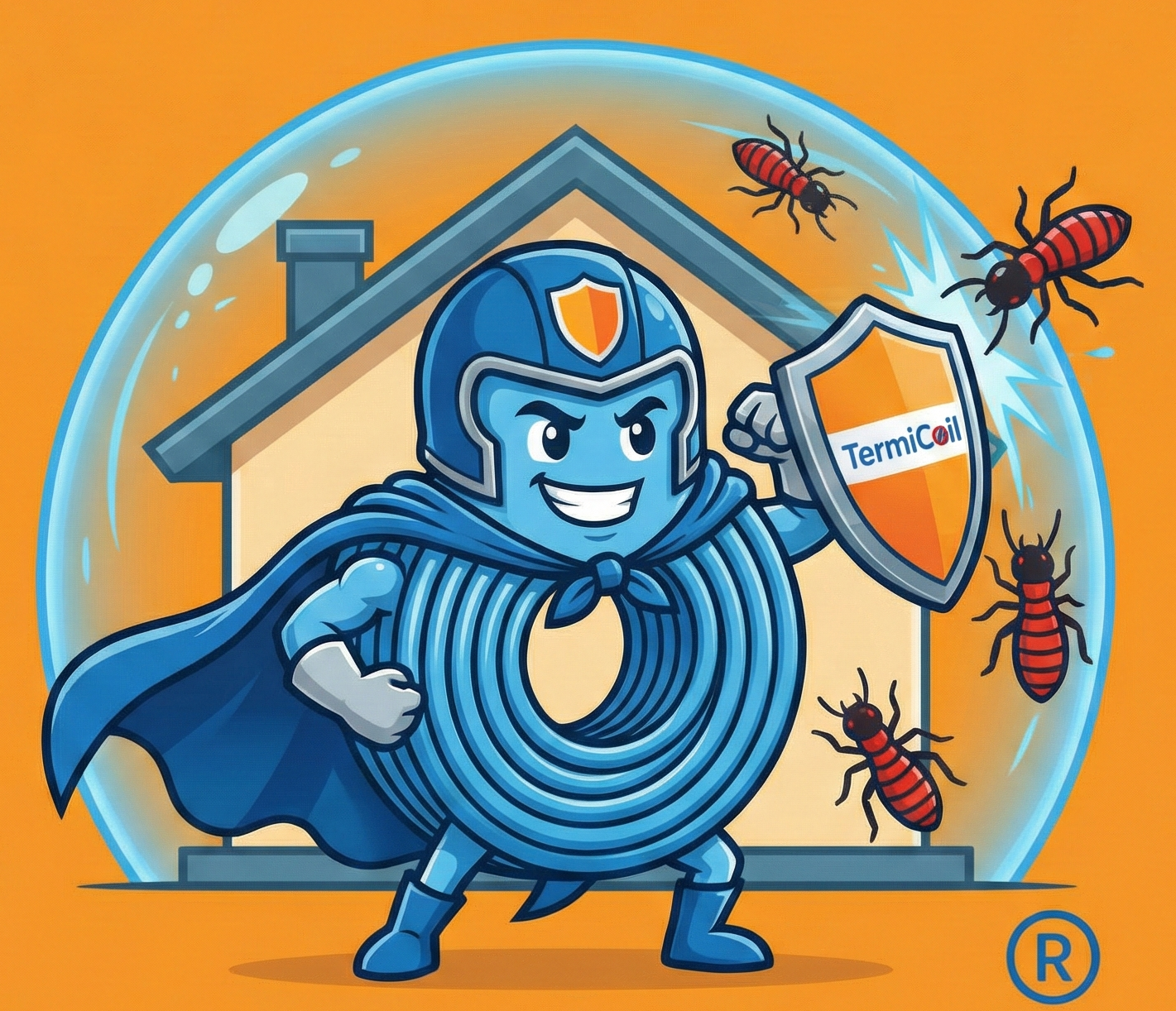 TERMICOIL® mascot — superhero pipe defending the home