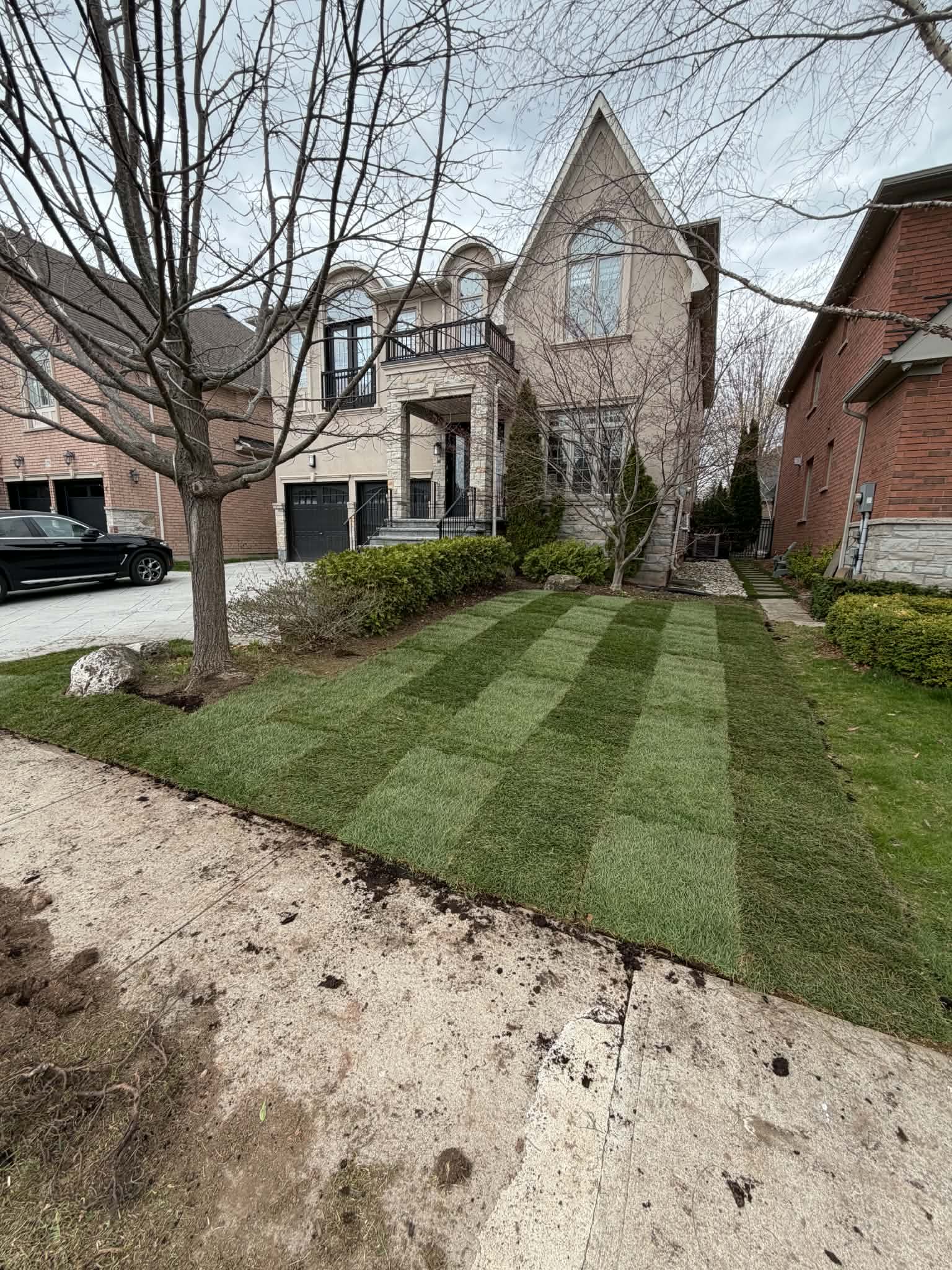 Premium front yard sod installation with crisp striped cutting finish