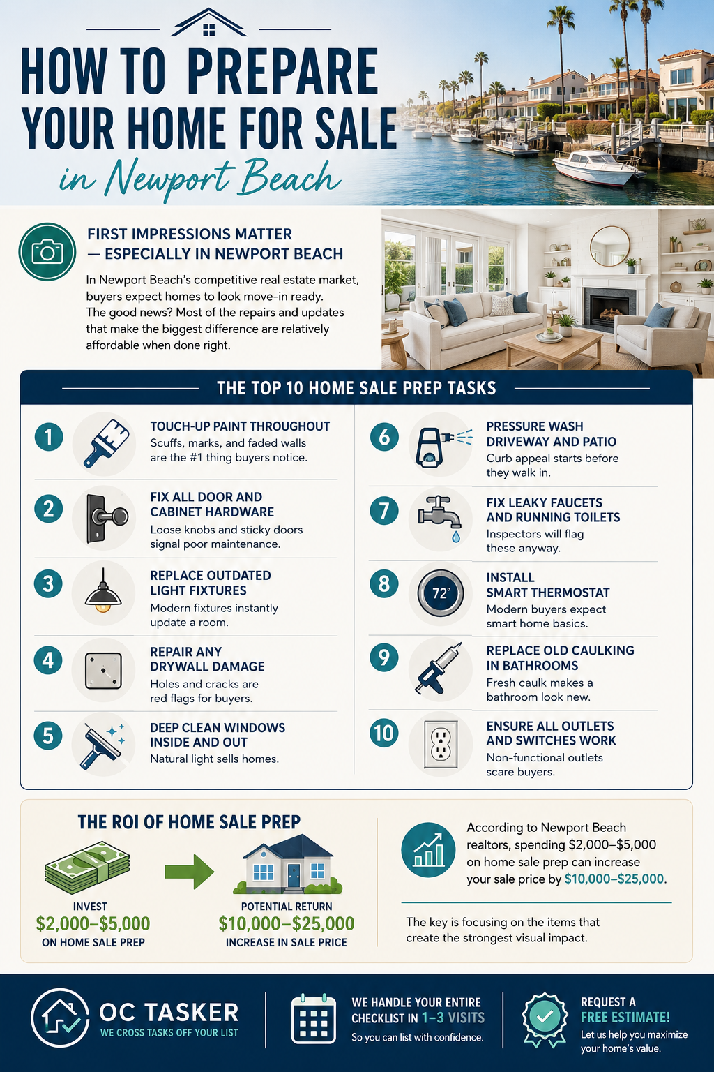 How to Prepare Your Home for Sale in Newport Beach — Top 10 prep tasks and ROI infographic