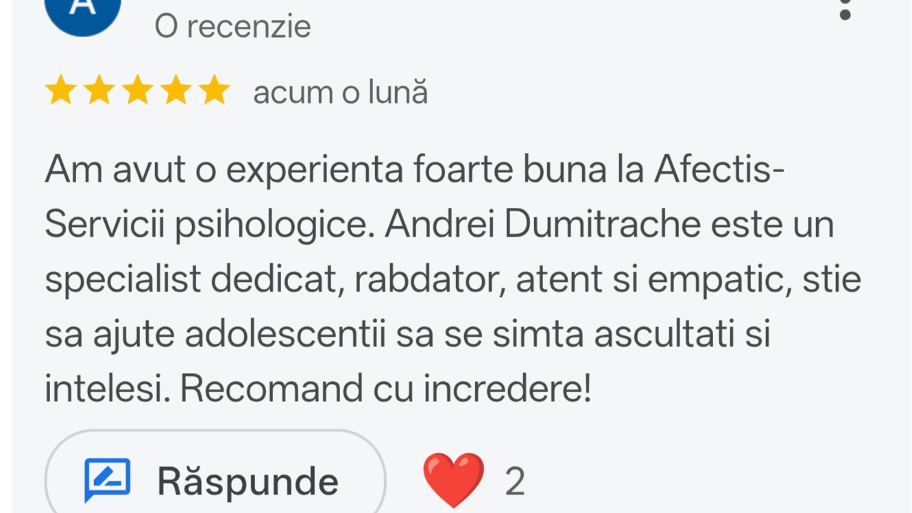 Recenzie client 6 - evaluare 5 stele pentru cabinet psihologie Afectis București - consiliere psihologică de calitate