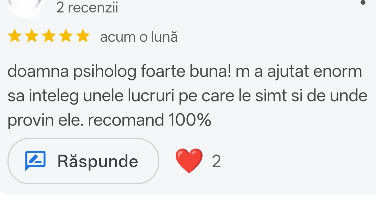 Recenzie client 2 - evaluare 5 stele pentru cabinet psihologie Afectis București - consiliere psihologică de calitate