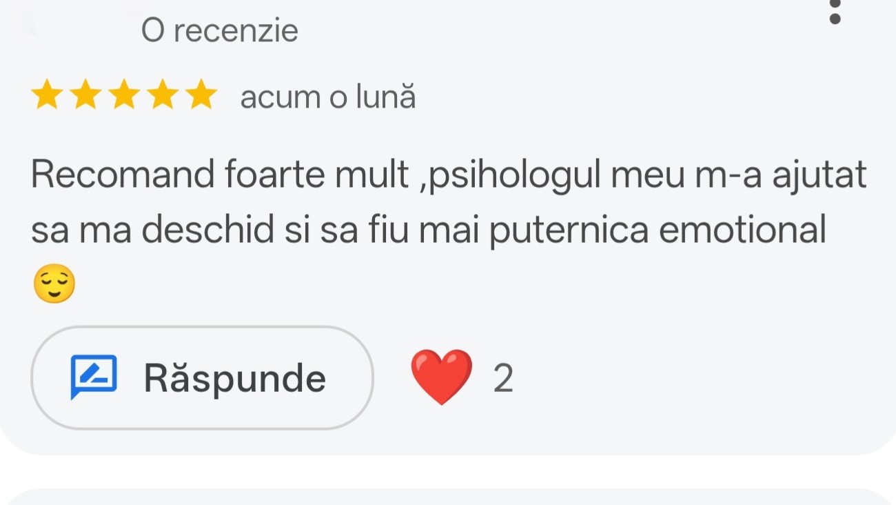 Recenzie client 1 - evaluare 5 stele pentru cabinet psihologie Afectis București - consiliere psihologică de calitate