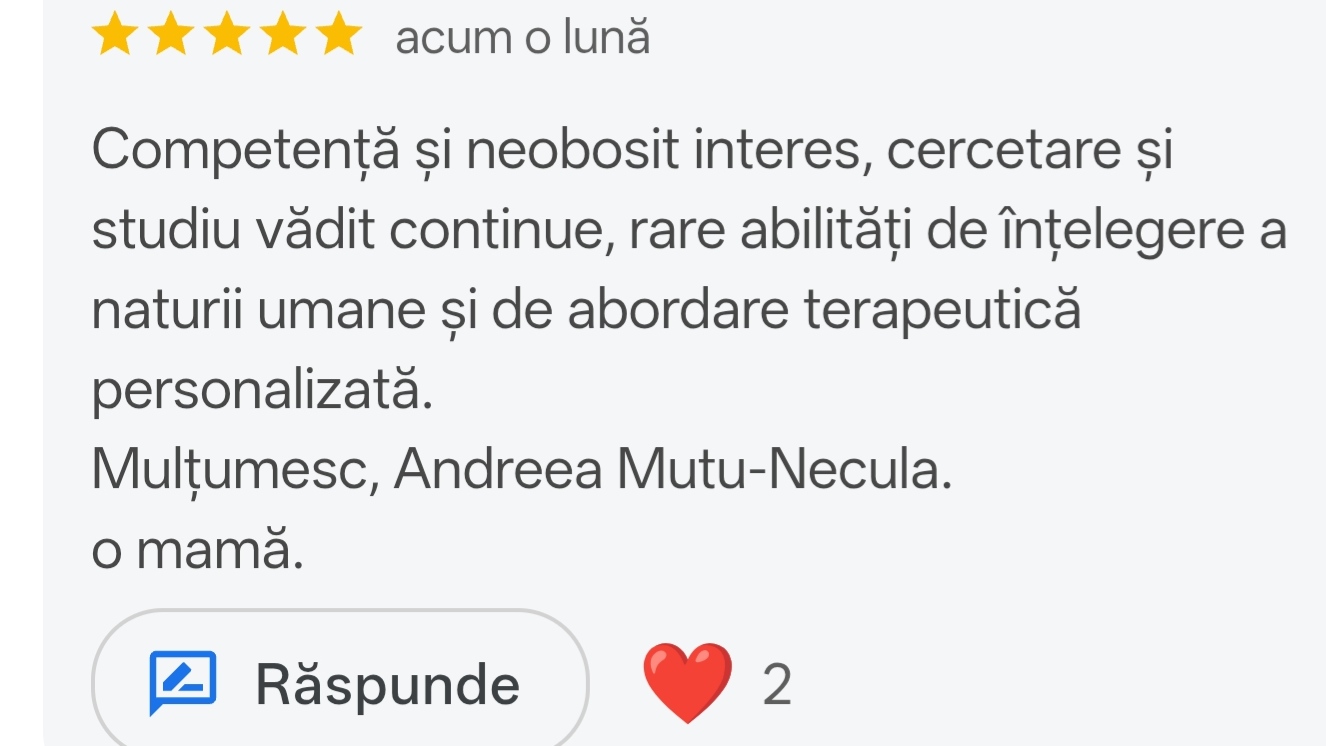 Recenzie client 4 - evaluare 5 stele pentru cabinet psihologie Afectis București - consiliere psihologică de calitate
