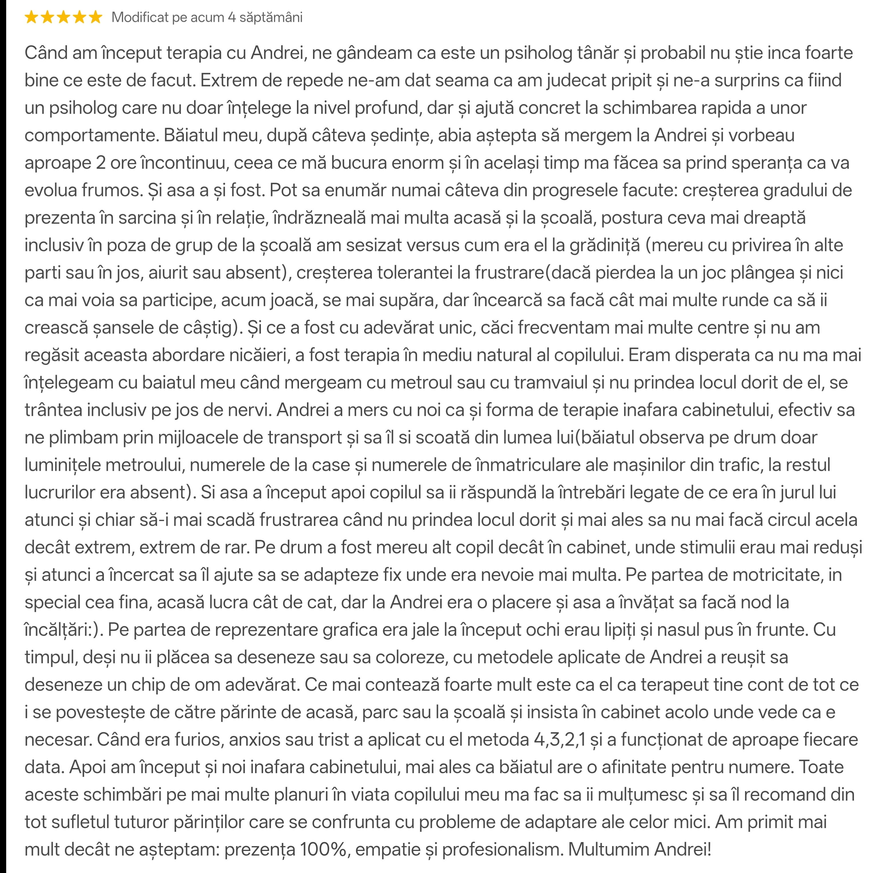 Recenzie client 8 - evaluare 5 stele pentru cabinet psihologie Afectis București - consiliere psihologică de calitate
